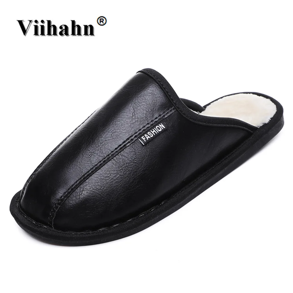 

Viihahn PU Leather Home Slippers High Quality Women Men Winter Slippers Warm Plush Indoor Lovers Shoes