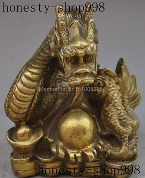 

chinese fengshui brass wealth money coin ingot dragon play Bead lucky statue