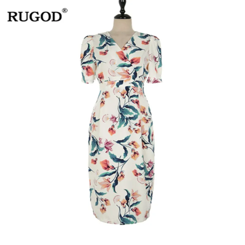 

RUGOD 2019 Summer Women Floral Dress V-neck Half Sleeves Tunic Mid-calf Elegant Casual&Office Ladies Wearing Modis Vestidos