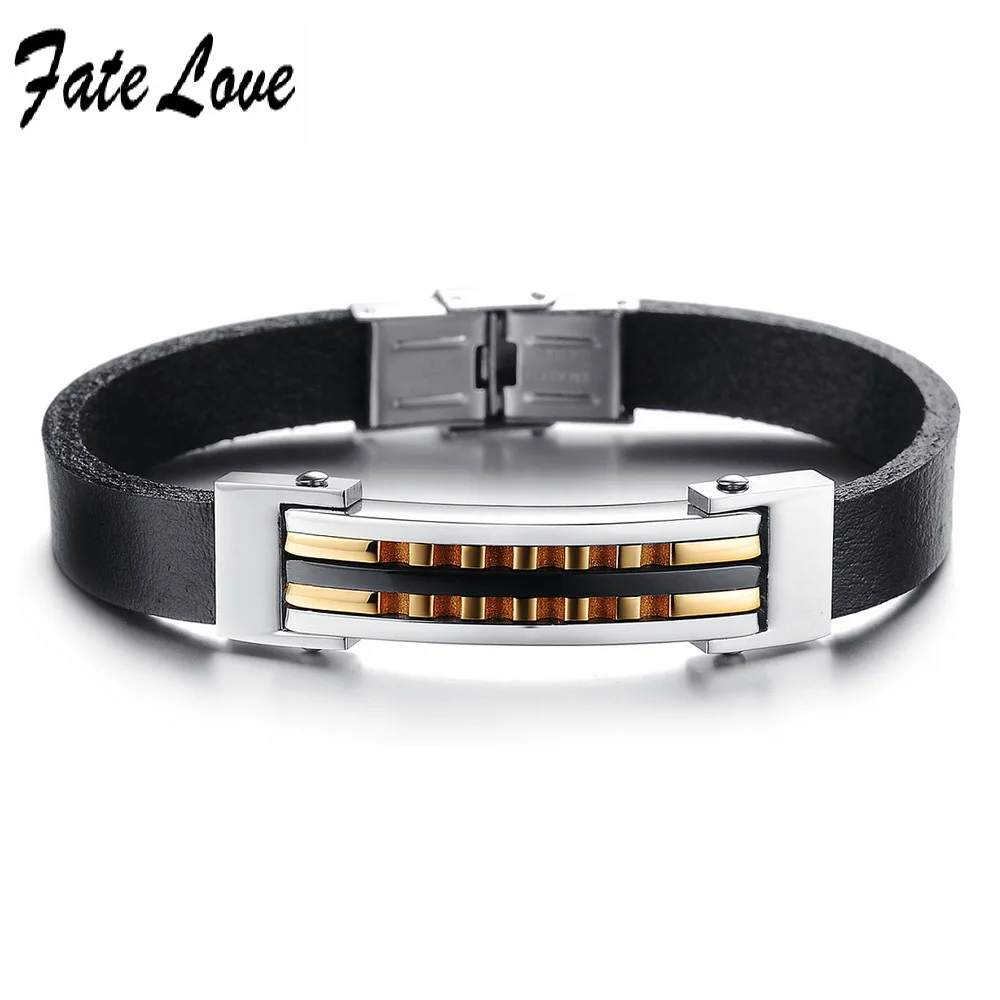 Fate Love Sporty Men s Leather Wrist Bracelets With Adjustable Clasp 10mm Width Black Leather Steel