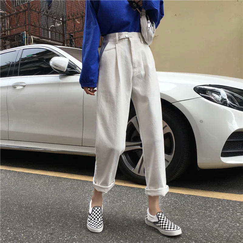 Новая весенняя Корейская версия эластичной талии две с высокой талией на пуговицах широкие прямые брюки джинсы Широкие брюки женские