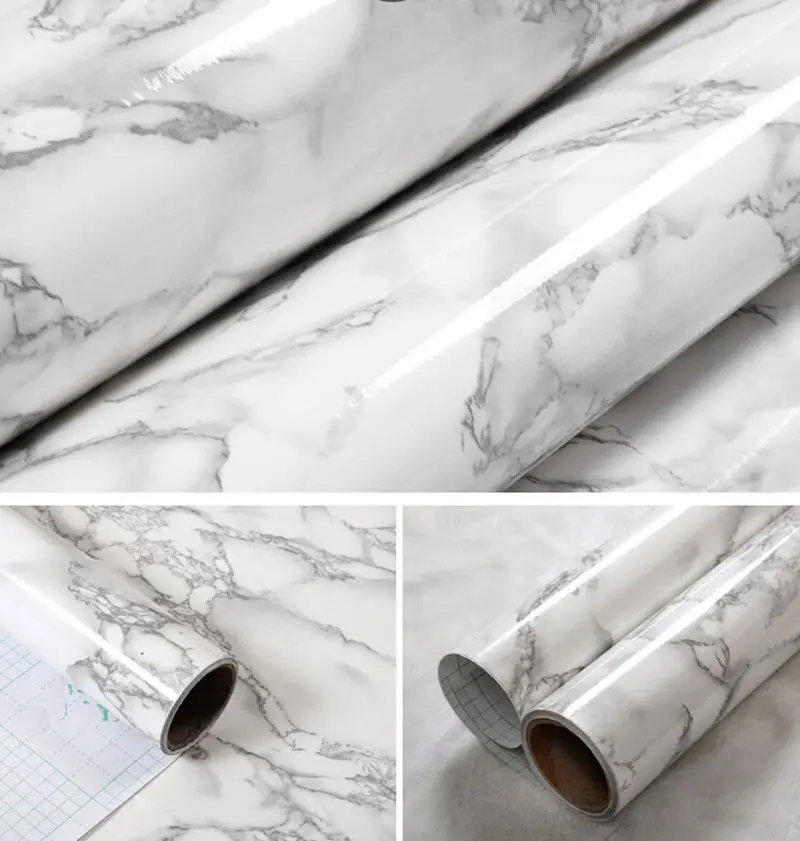  1.22x5m White&Grey Marble Vinyl Glossy Vinyl Wrap Film Waterproof Film Kitchen Table Home Office Us - 32948912402