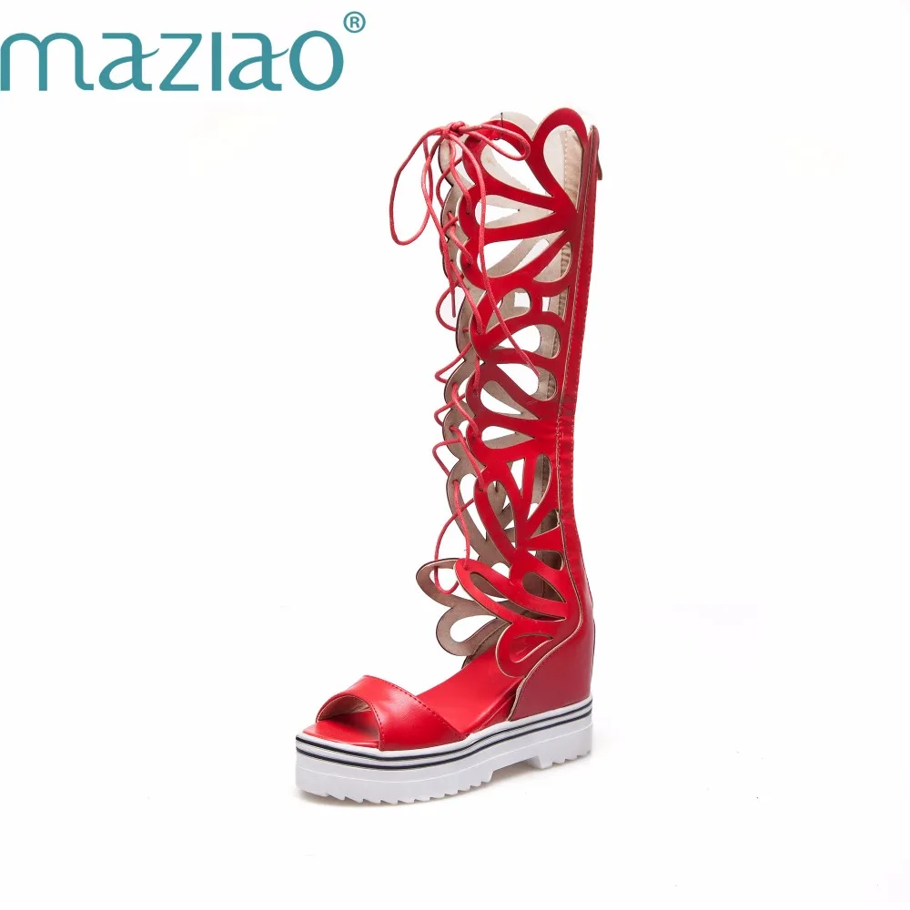 

MAZIAO 2018 Fashion Knee High Gladiator Sandals High Heels Cross Tied Cut Outs Knee Boots Summer Shoes Stilettos Big Size 34-43