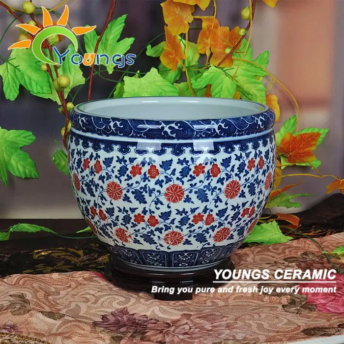 

Chinese antique reproduction blue and white porcelain ceramic fish bowl with Qing QianLong Mark
