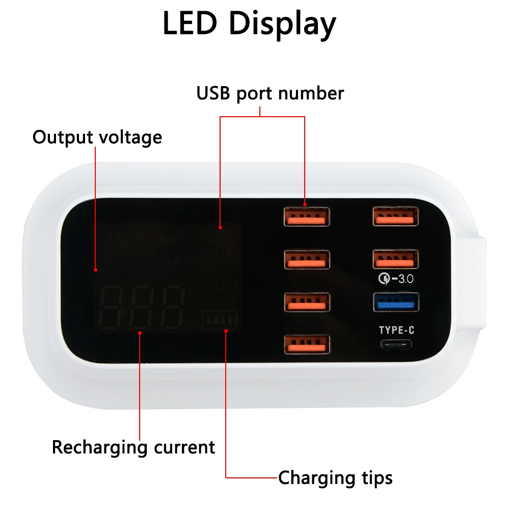 

US EU UK Plug 8 Ports QC3.0 type-c Mobile Phone Wireless Charger Universal Phone Fast Charging Adapters 40W Quick Charge 3.0