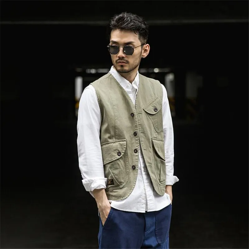 

Men Vest Sleeveless Vest Male Casual Vest Men Winter Quality Single Breasted Vests With Many Pockets Large Size XL A5291