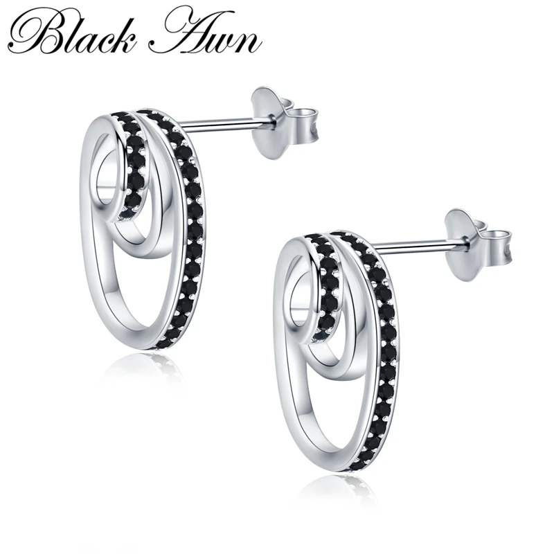 

[BLACK AWN] 925 Sterling Silver Earrings Trendy Black Spinel Stud Earrings for Women Spiral Female Bijoux I079