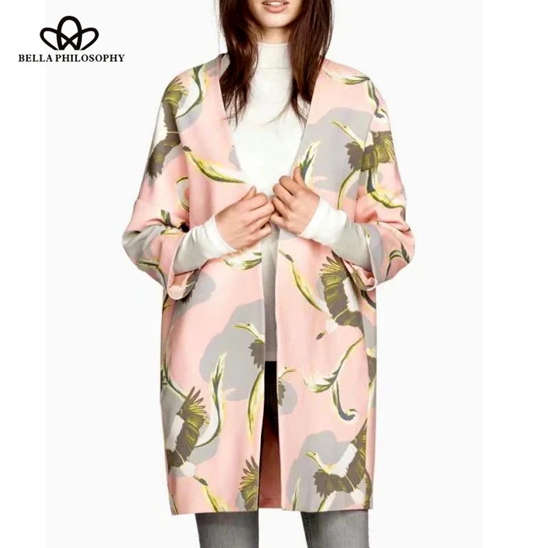 

Bella Philosophy 2018 Spring Trench Coat Women Cranes Printed Long Coat Female Casual Pockets Winter Outwears Women Clothing