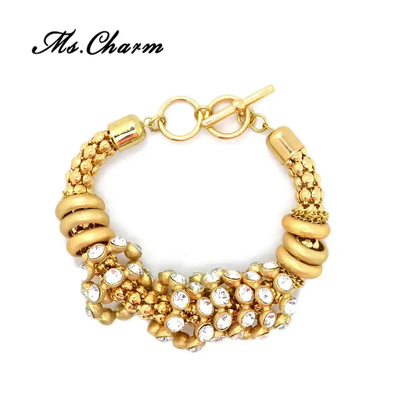 Personalized Gold color Rhinestone Chunky Thick Bracelets For Women Adjustable Statement