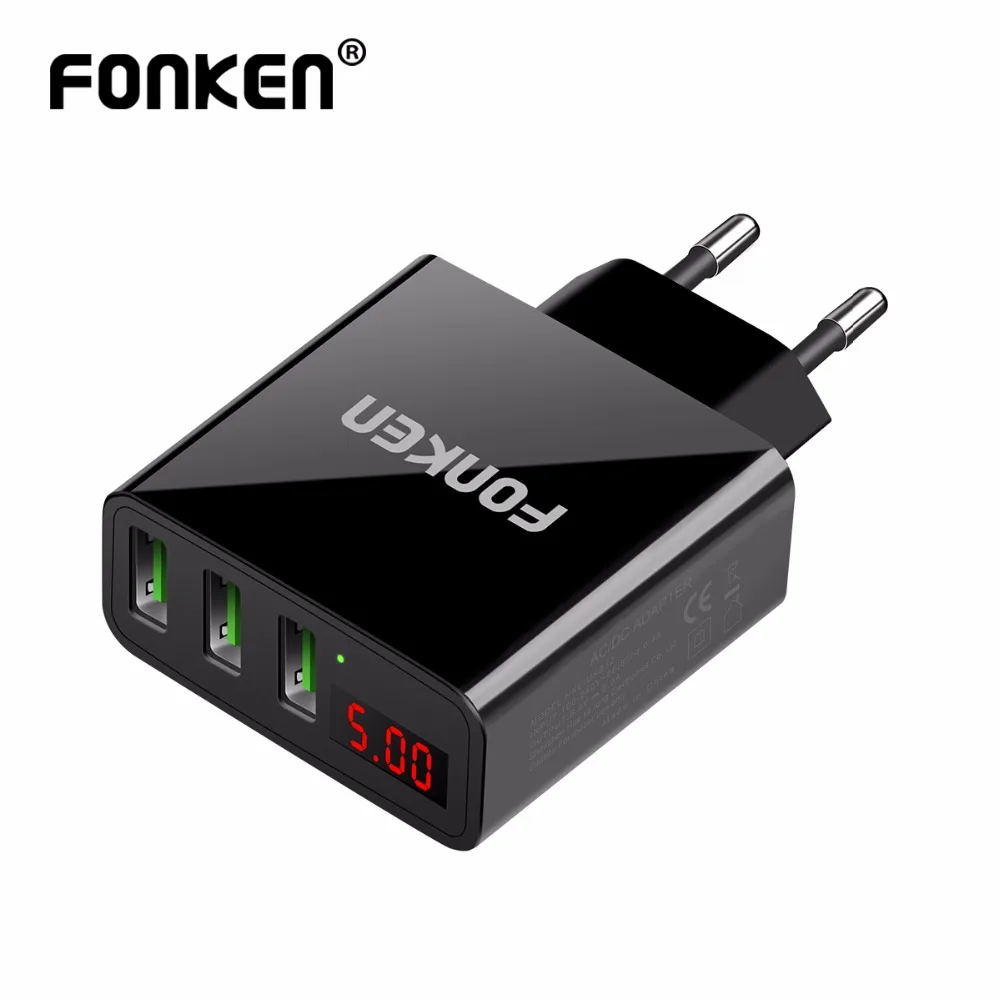 

FONKEN 3 Port USB Charger LED Display Fast Charger Max 3A Travel Universal Wall Adapter for Power Bank Mobile Phone Charger