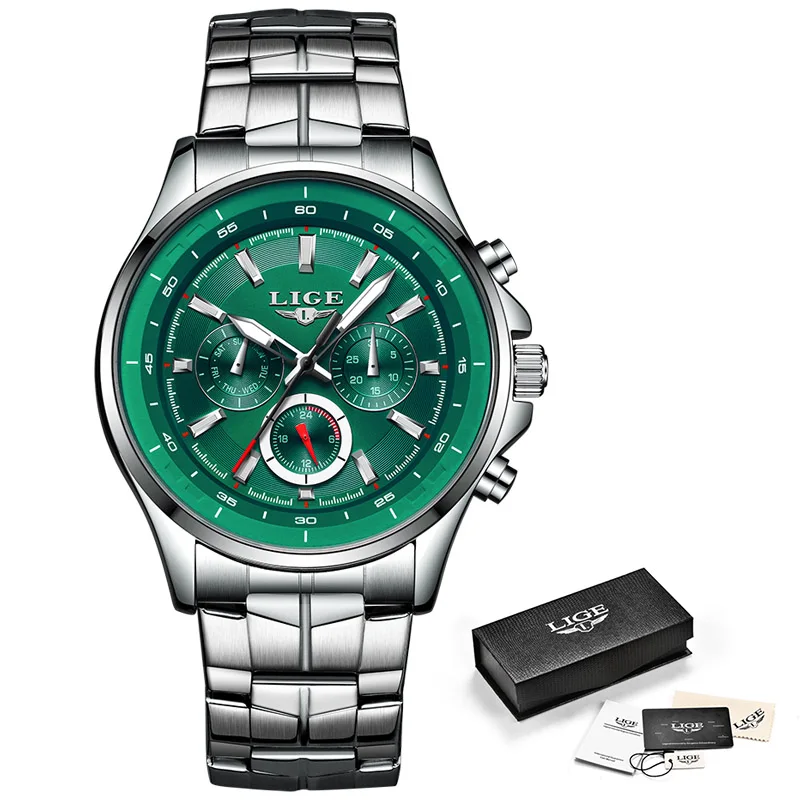 LIGE мужские s часы Топ бренд класса люкс кварцевые часы мужские водонепроницаемые спортивные часы модные повседневные военные часы мужские Relogio Masculino - Цвет: Steel green