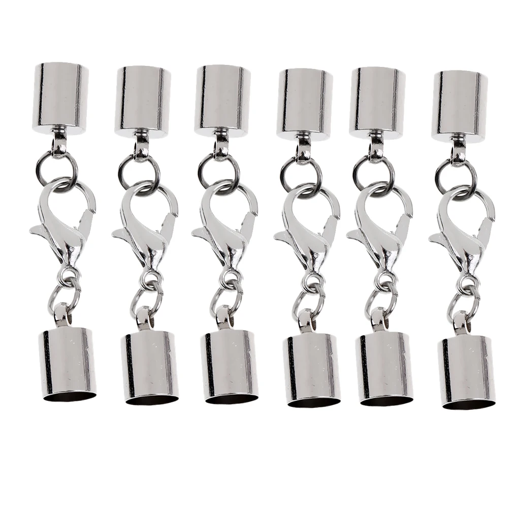 6 Pcs Sliver Stainless Steel Cord End Caps Clasp Lobster Converter Connector
