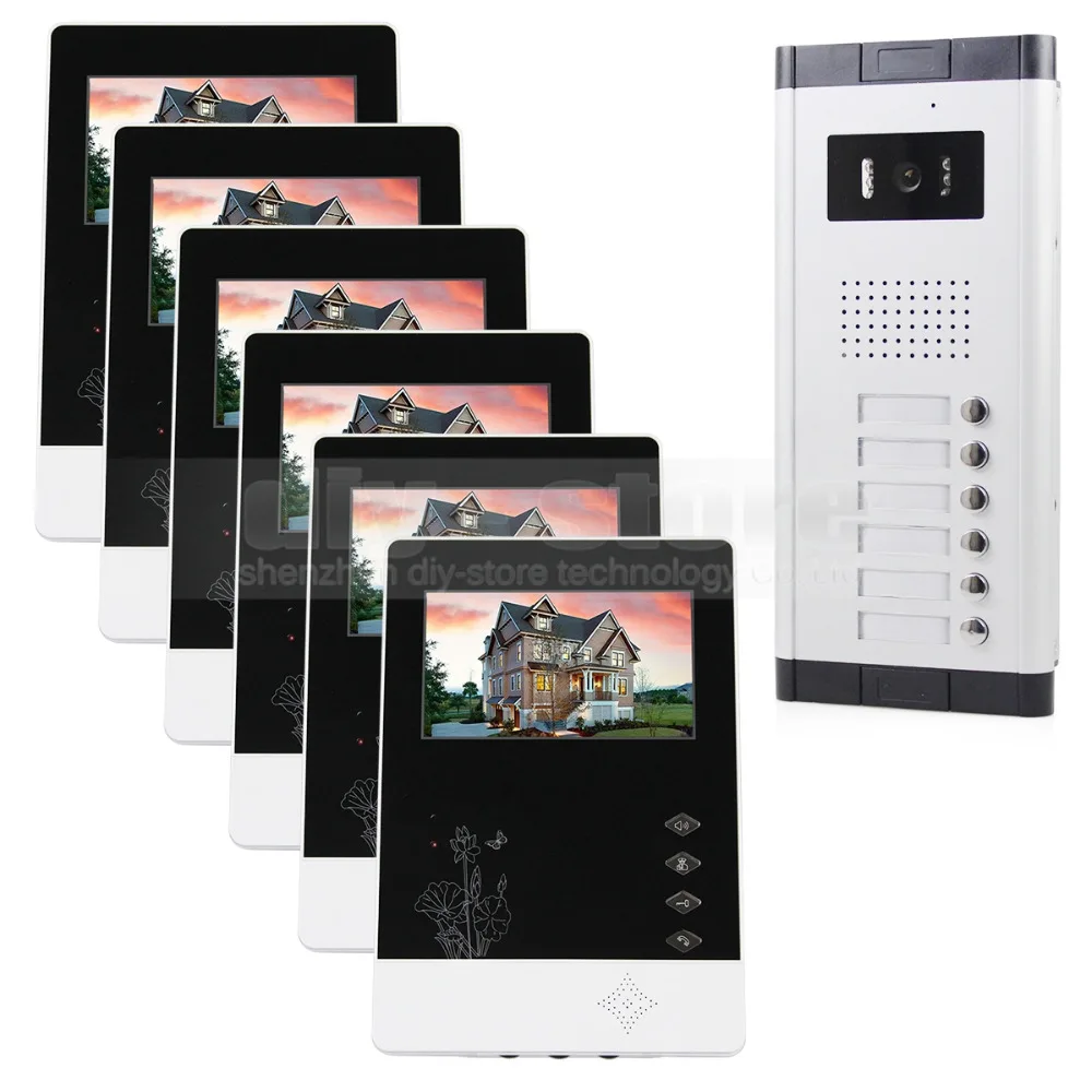 DIYSECUR 4.3 inch 4-Wired Apartment Video Door Phone Audio Visual Intercom Entry System IR Camera for 6 Families