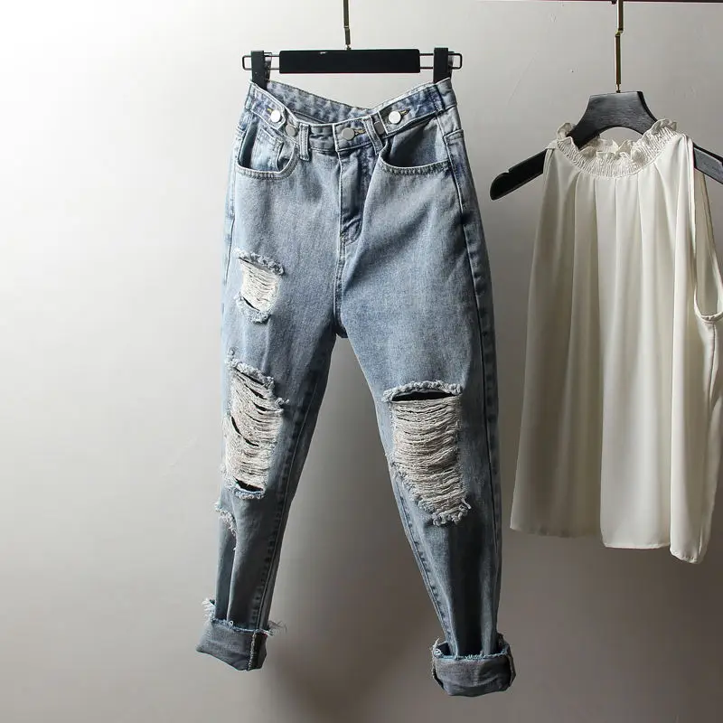 4XL Ripped Jeans For Women High Waist Loose Vintage Boyfriend Jeans Femme Denim Harem Pants Streetwear Plus Size Mom Jeans Q1413