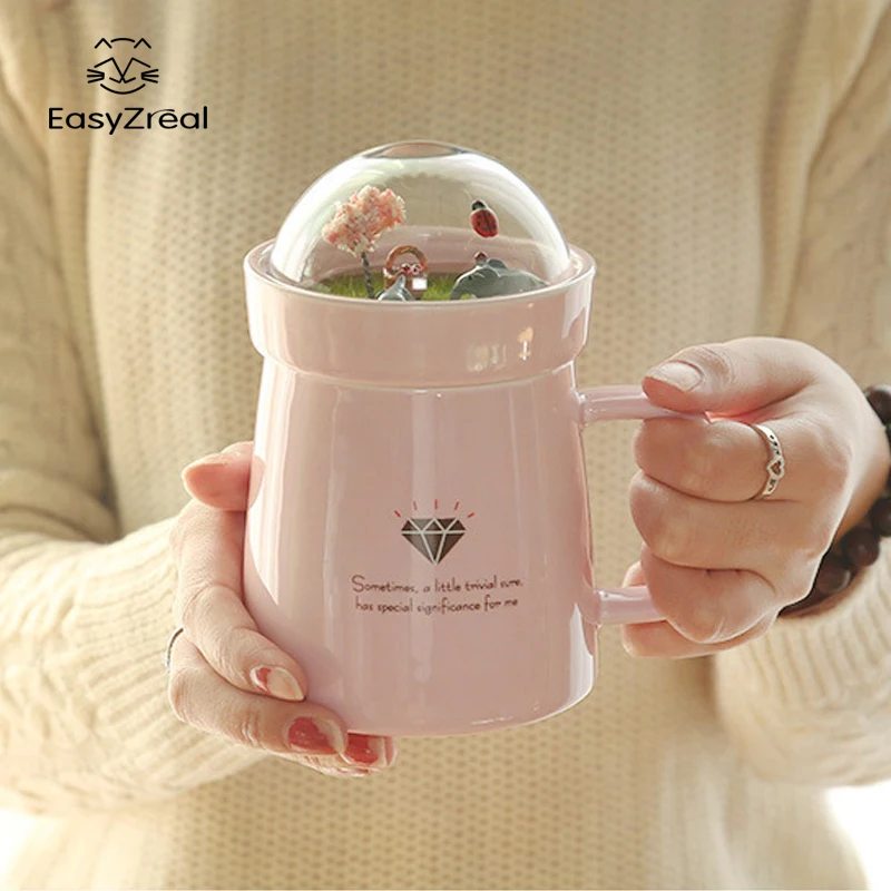 

Creative Micro Landscape Milk Drink A Cup of Coffee Mugs High-capacity Office Ceramic Lovers on The Glass with Cover