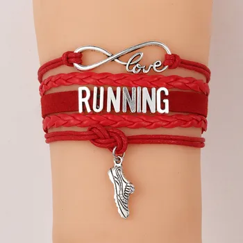

(10pcs/lot) Infinity Love RUNNING Bracelet Shoes Charm Leather Rope Wrap Bracelets & Bangles Jewelry For Women Men 7 Colors