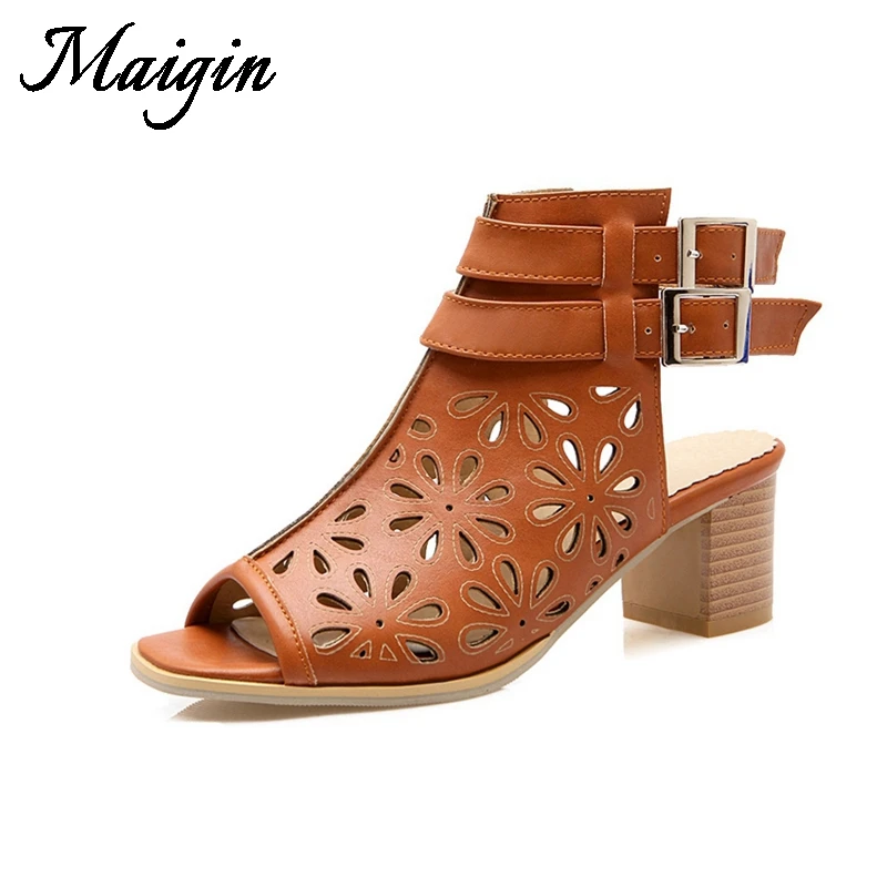 Maigin 2018 New Summer Ankle Boots Slingback Gladiator Sandals Women Peep Toe Hollow Out Ladies Sandals Block Heels Summer Boots