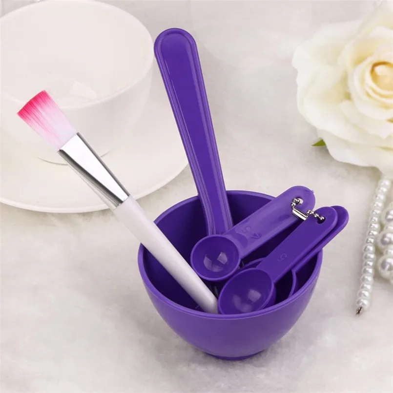 1 Набор 4 в 1 DIY маска для лица щетка и чашка для смешивания ложка палочка инструмент набор для ухода за лицом FSS X80425Down - Цвет: Фиолетовый
