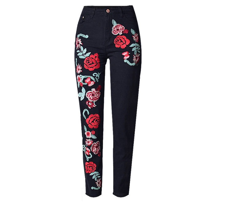 LMCAVASUN Plus Size Rose Embroidery Black Women Jeans 2017 Spring Vintage Straight Loose Denim Pants Trouses Mom Jeans