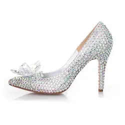 2018 серебристыми стразами свадебная обувь для невесты Хрустальные туфли Золушки ошеломляющие женские Стеклянные туфли на высоком каблуке