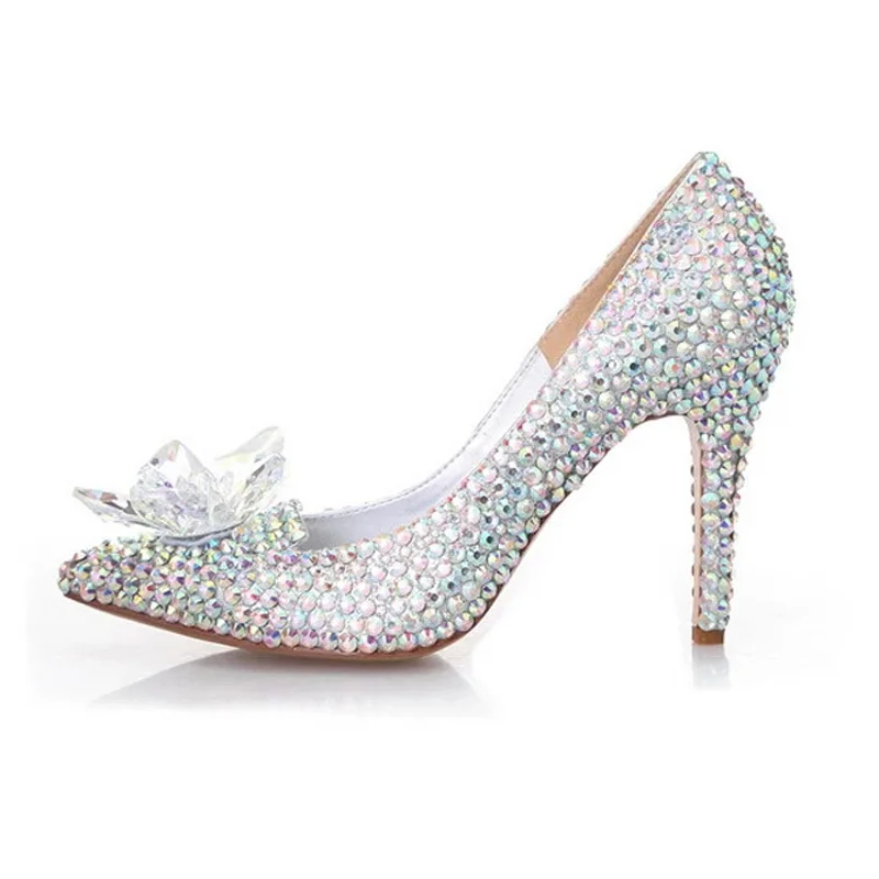 2016 Silver Rhinestone Bridal Wedding Shoes Cinderella Crystal Shoes High Heeled Women Stunning Glasses Slipper Prom Pumps