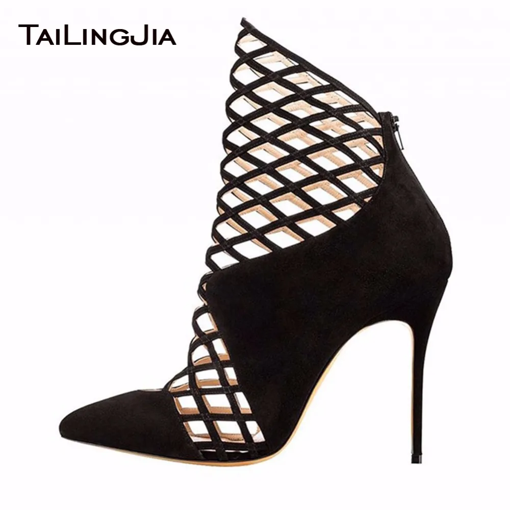 

Sexy Pointed Toe Mesh Woman Summer Boots Fishing Net High Heel Fuax Suede Party Ladies Short Boots With Zipper Free Shipping