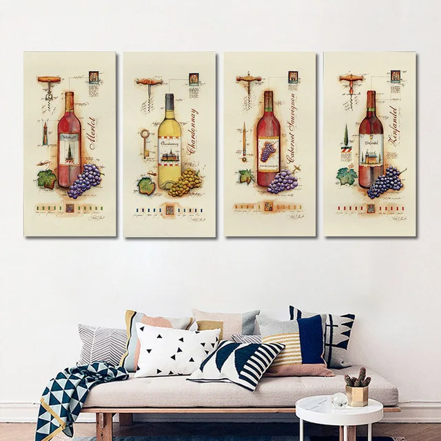 4 шт. декоративные настенные постеры для бара кухни столовой|wine paintings canvas|oil