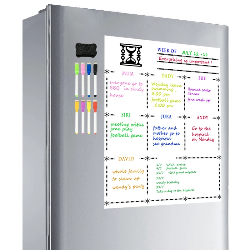 Бесплатная 8 ручка A3 магнитный холодильник сухая белая доска гибкий магнит доска холодильник еженедельник MagnetiCalendar