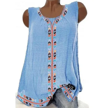 

S-5XL Plus Szie 2019 Summer Boho Tank Tops Women Cotton Sleeveless O- Neck Loose Boho Style Print Top Ladies Vest Woman Clothes
