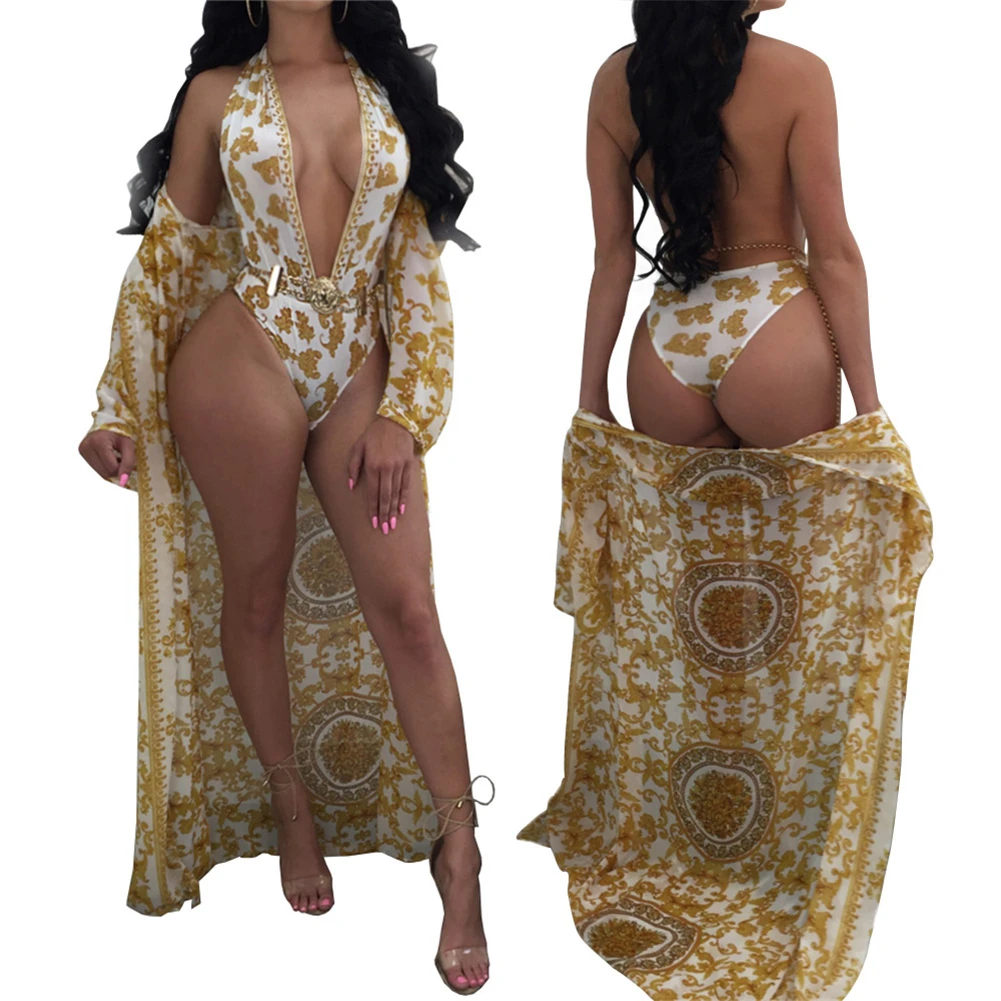 

2018 Sexy One Piece Floral Swimsuit Women Print Cut Out Summer Beach Swim Cover Up+Beach Monokini Swimwear Bathing Suit 2 Pcs