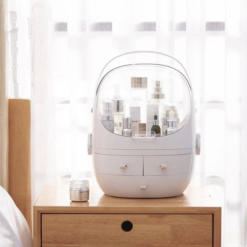 

Portable Make Up Cosmetic Box Transparent Waterproof Dust Cover Box 3 Drawer Dressing Table Rounded Makeup Holder Storage Box