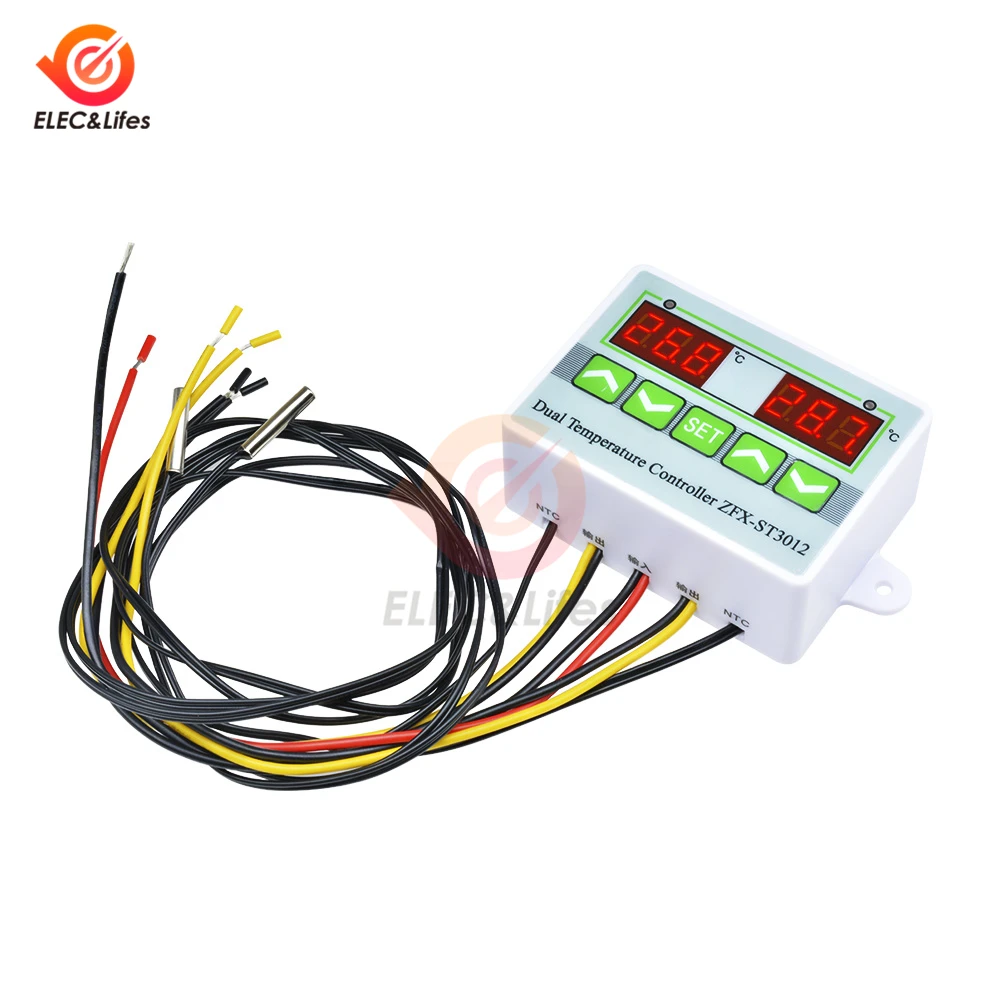 ST3012 Smart Temperature Controller Switch DC 24V LED Digital Dual Electronic Thermostat Temperature Sensor Gauge Heater Cooler ST3012 Smart Temperature Controller Switch DC 24V LED Digital Dual Electronic Thermostat Temperature Sensor Gauge Heater Cooler