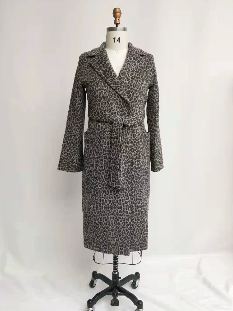 

Women leopard long coat long sleeve woollen overcoat loose outwear female winter autumn trench coats plus size 18-047
