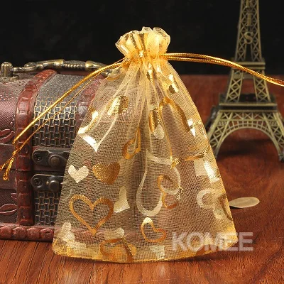 100 шт./лот 11x16 см красный с золотом Сердце печати упаковки ювелирных изделий тянущаяся органза подарочные пакеты Свадьба Рождественский подарок сумки и сумки - Цвет: Золотой