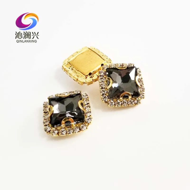 무료 배송 골든 하단 회색 사각형 모양 상단 크리스탈 유리 버클, diy에 대한 rhinestones에 바느질/보석 액세서리 SQKG01