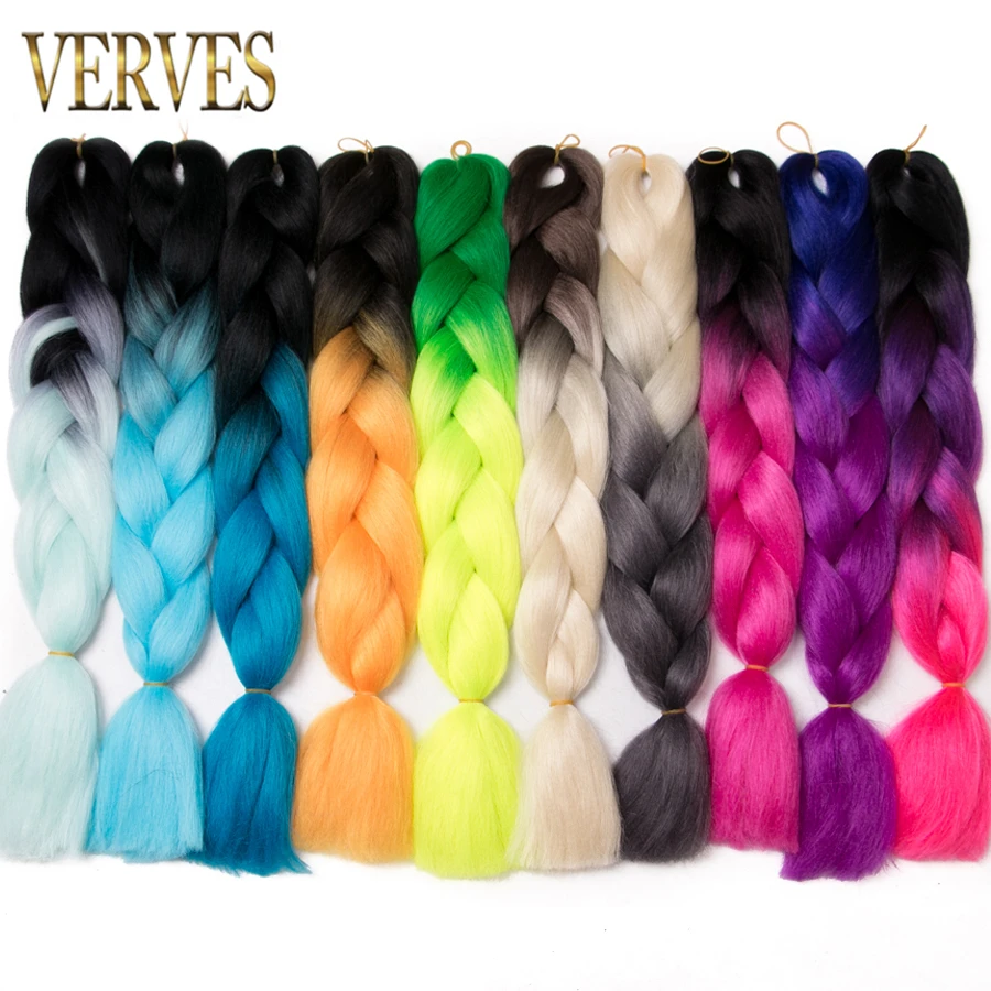 VERVES 24 inch Synthetic Jumbo Braid Ombre Color Braiding Hair 100g/pcs Extension Braids KaneKalon for Asian Women Red Pink Blue