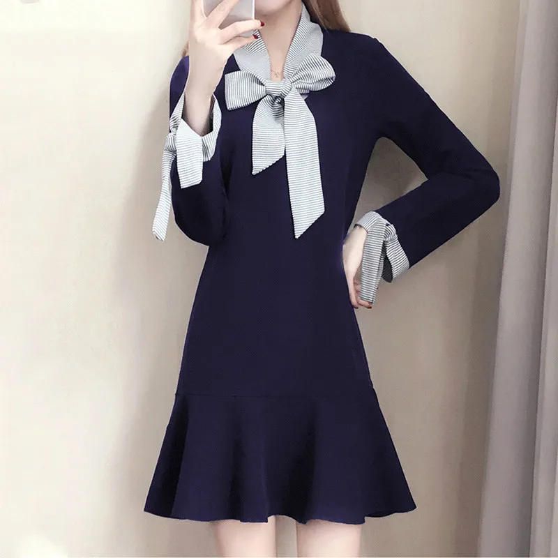 

XL-5XL Plus Size Ruffle Dress Women Clothes 2019 Spring Striped Bow Collar Long Sleeve Loose Casual Tunic A-Line Dresses Ladies