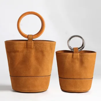 

New metal ring portable retro handbag 2018 top layer cowhide potted bag women fashion wooden ring bucket bags