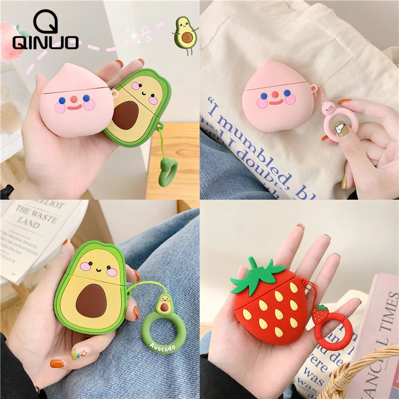 

For Airpods Case Cute Cartoon Earphone Case For Apple Airpods 2 Fruit Strawberry Peach Avocado Cover Earbuds Case Ring Strap Bag