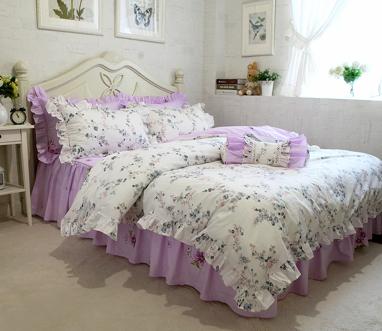 Flower Ruffle Beding Set king size white Purple Pastoral Duvet cover Bedskirt Pillow case sets Princess cotton Bedding sets