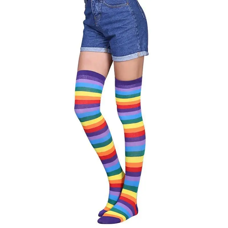 Women Socks Rainbow High Knee Socks Colorful Striped Over Knee Leg Warmer Women Girls Thigh High