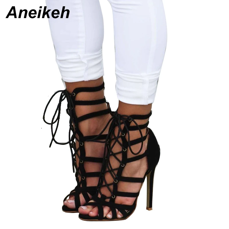 

Aneikeh Rome Sexy Summ Women High Heel Sandals Black Gladiator Peep Toe Cross Strap Cut-outs Sandal Thin High Heels Ladies Shoes