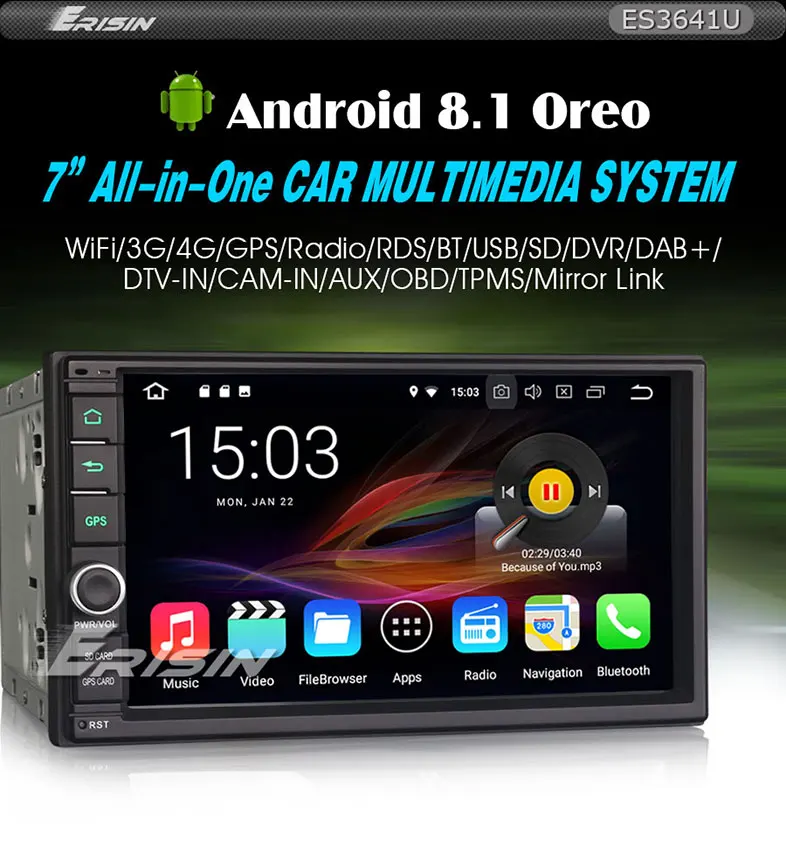 Erisin ES3641U " двойной Din DAB+ 4G Android 8,1 автомобильный стерео WiFi DVR DTV OBD SatNav Bluetooth радио