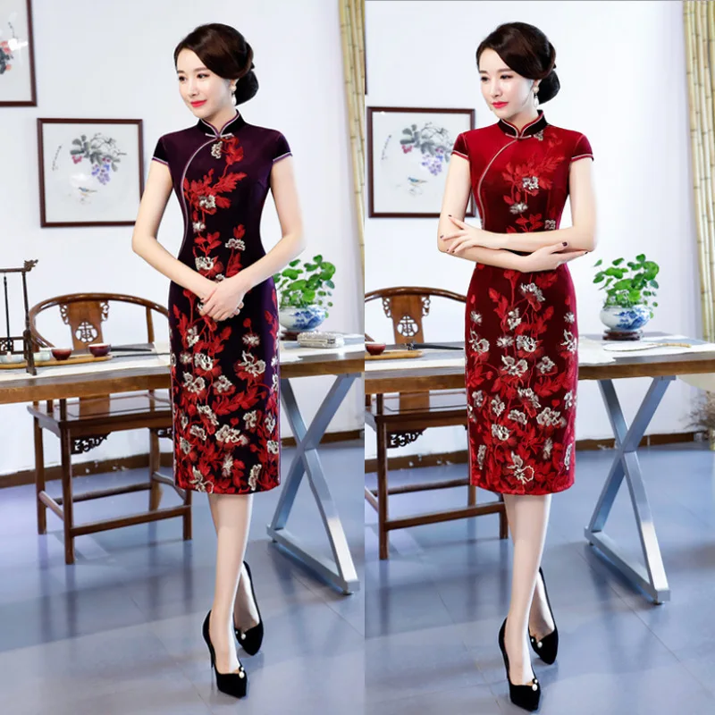bourgogne 2018 Noble Qipao Mince Cheongsam Femmes Style Genou Velours Vintage Bouton Printemps Robes Partie Pourpre Sexy Longueur Robe Chinois rqqBwUI