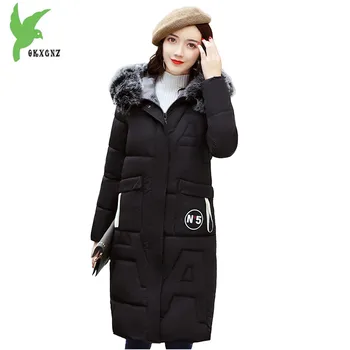 

New Women Winter Long Down Cotton Jacket Fashion Solid Color Thick Warm Casual Costume Hooded Fur Collar Plus Size Coat OKXGN885