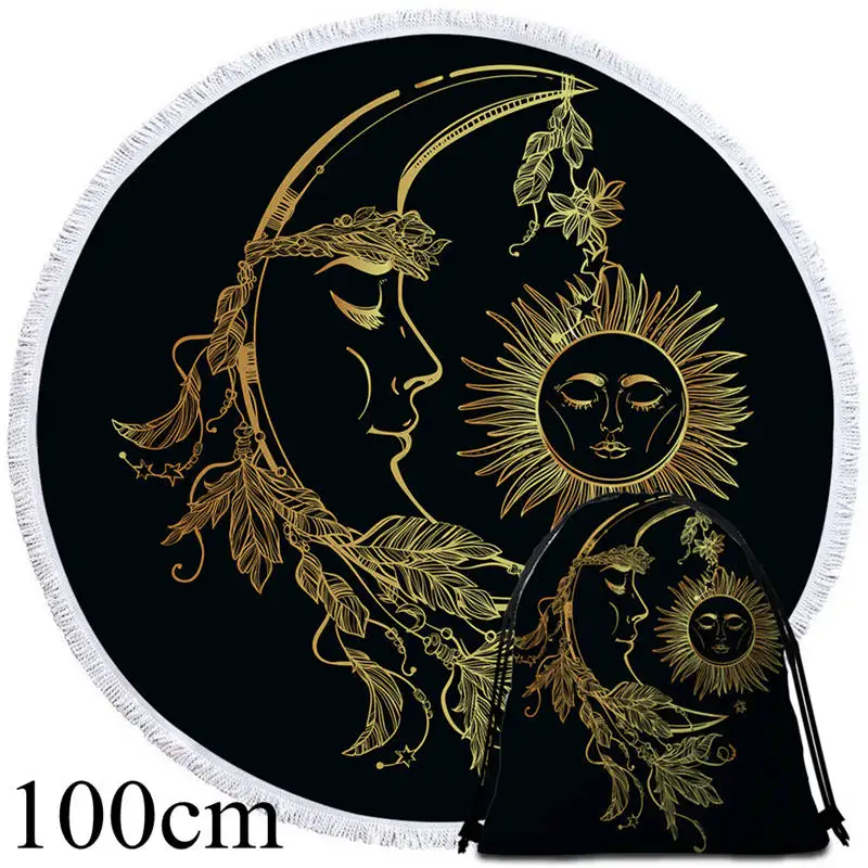 001 Towel 100cm-Bag Постельное белье Outlet круглое пляжное полотенце для взрослых из микрофибры летнее банное полотенце Boho Toalla Moon And Sun Tassel гобелен Галактическое одеяло - Цвет: 001 Towel 100cm-Bag