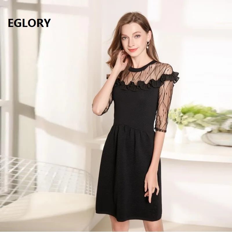 ^Cheap 2019 Spring Summer Fashion Knitted Sweater Dress High Quality Women Sexy Sheer Mesh Patchwork Blue Black Casual Jumper Dress