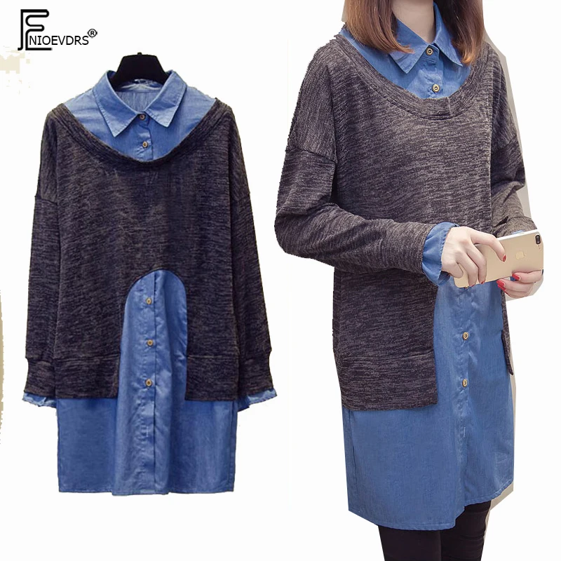 

2019 Plus Size Clothes 5XL 4XL 3XL Dress Hot Women Fashion Long Sleeve Patchwork Loose Casual Faux Two Piece Shirt Dress D819