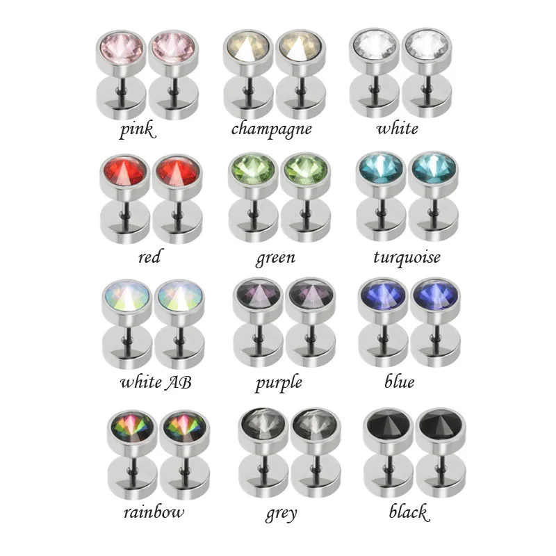 1pair fashion men's stud earrings barbell ear studs pendientes stainless steel crystal 12 colors 8mm anti-allergic punk jewelry 5