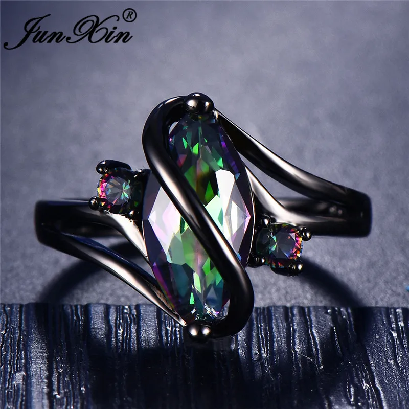 JUNXIN Fashion Male Female Rainbow Fire Zircon Wedding Rings For Men Women Black Gold Filled Horse Eye Stone S Wave Couples Ring